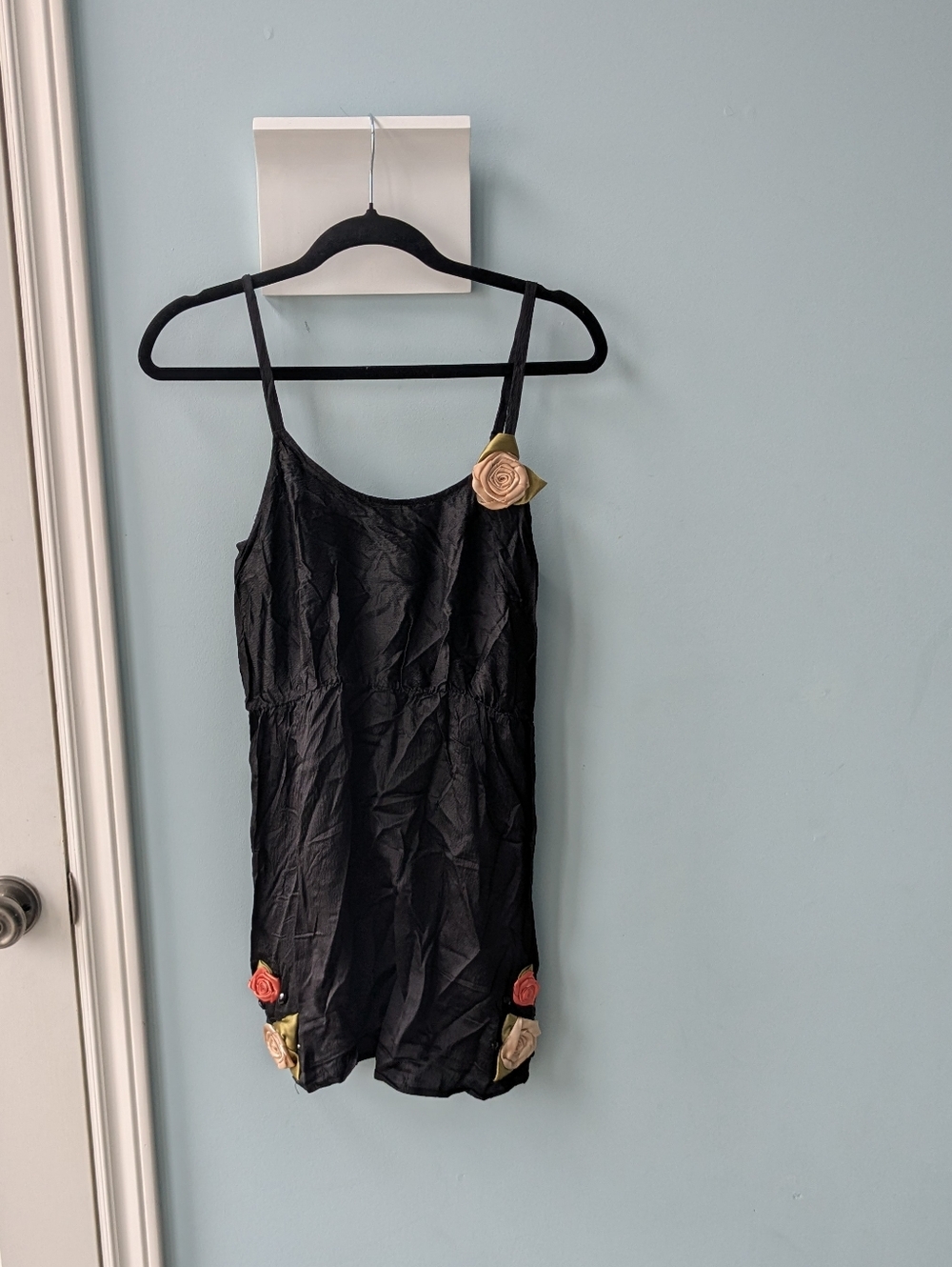 Black Floral-Appliqué 100% Silk Nightie